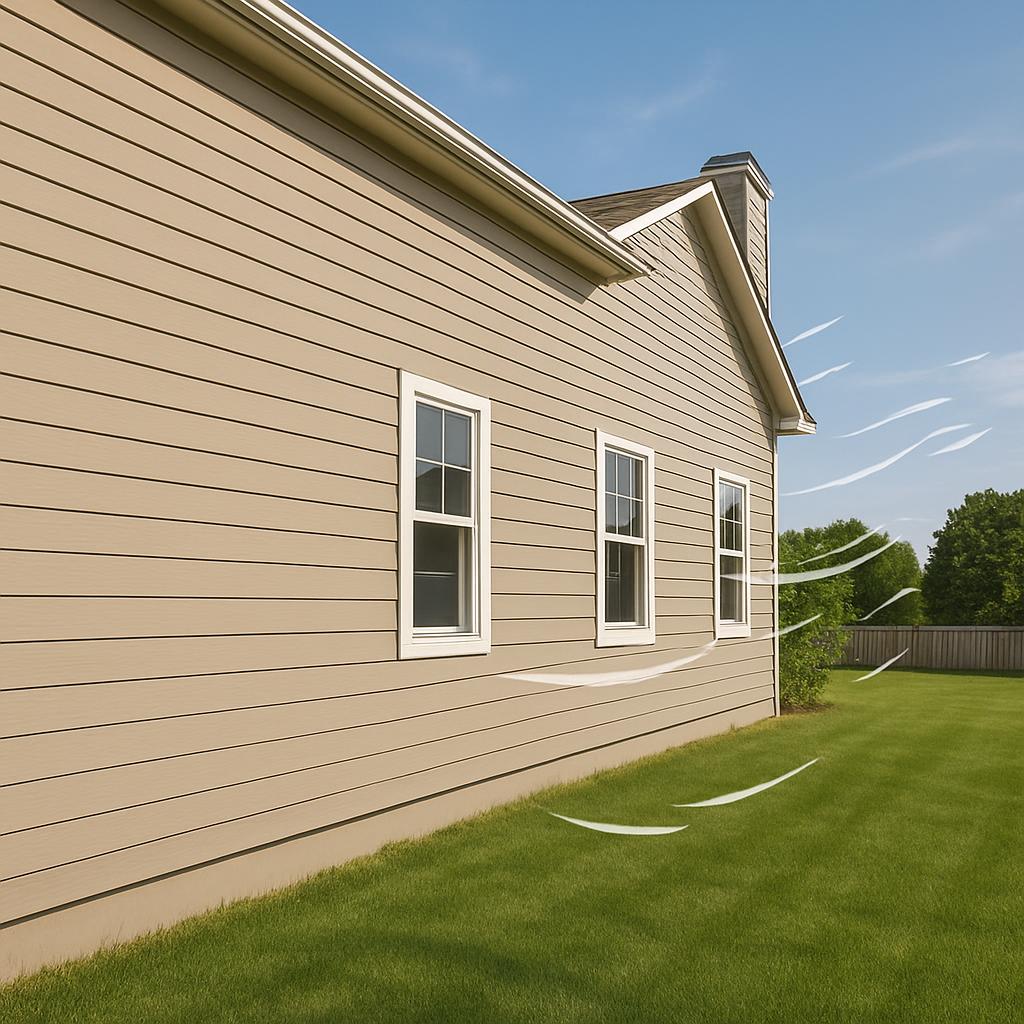 A house with arranged horizontal siding, featuring two windows and an attached chimney, in a green backyard with trees.