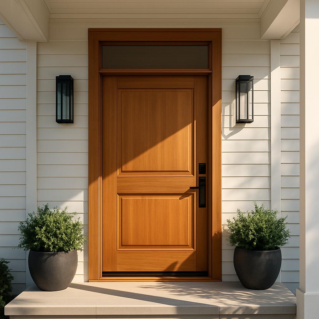 A tan door on a white house with potted plants and wall sconces.