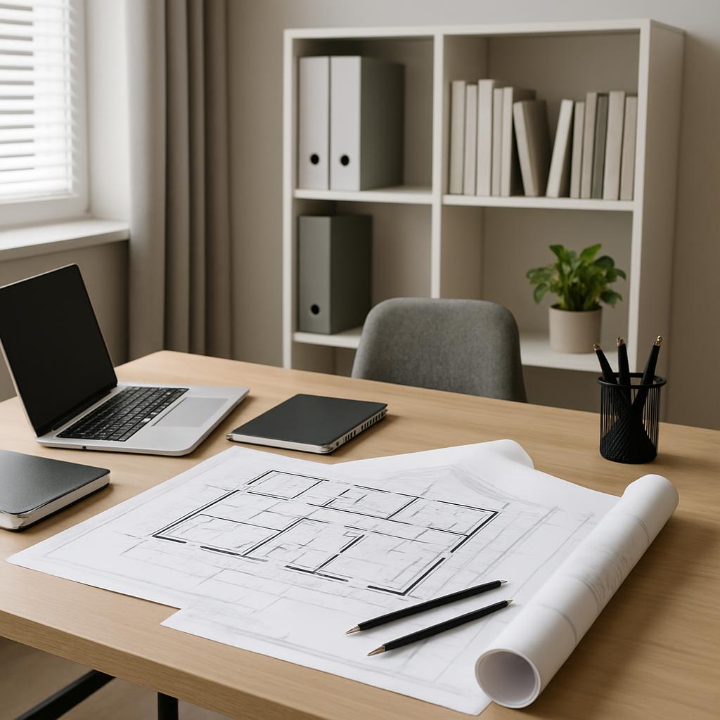 A minimalist office space featuring a wooden desk with general office supplies.