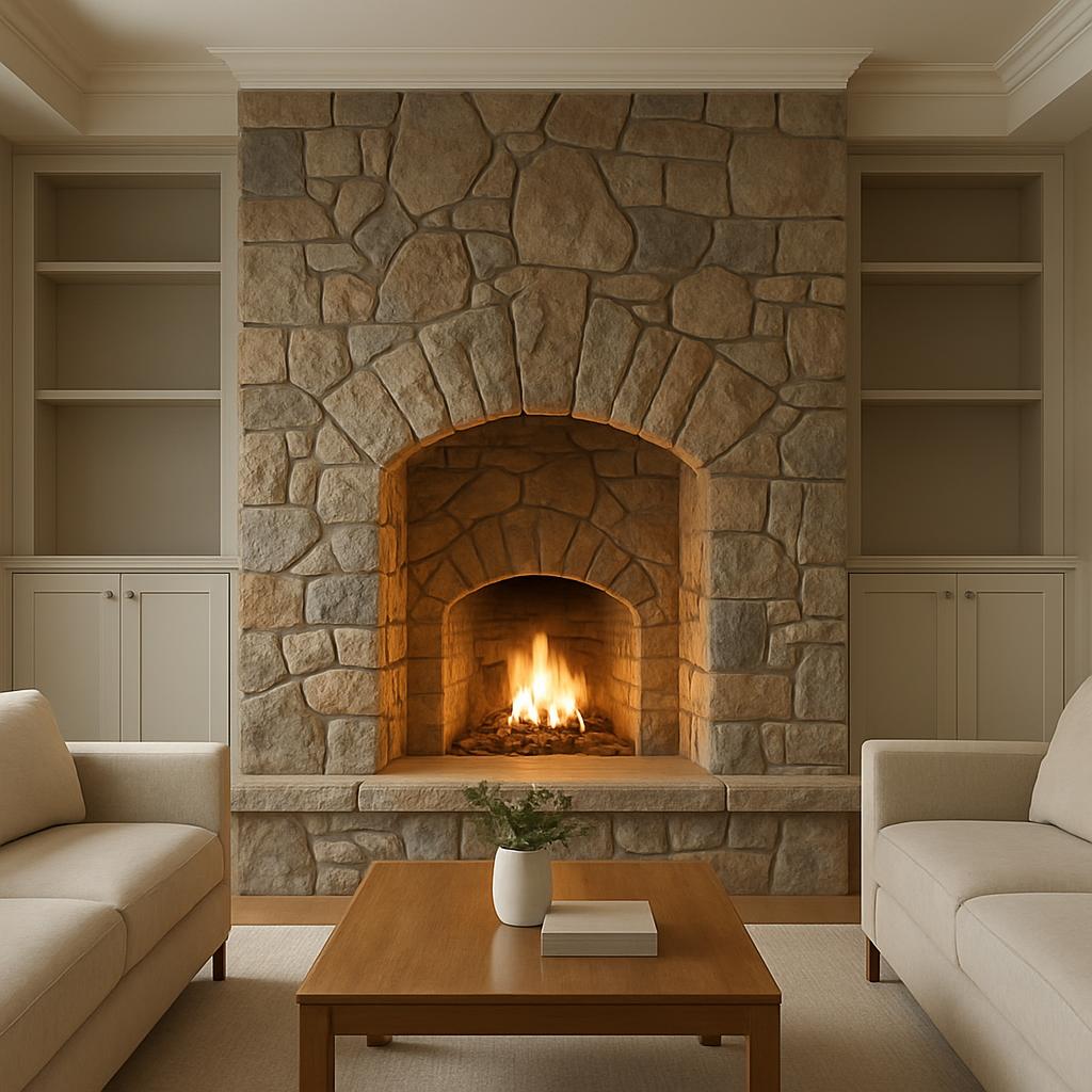 A modern living room featuring a traditional stone fireplace and cozy seating, with built-in white shelving and cabinets.